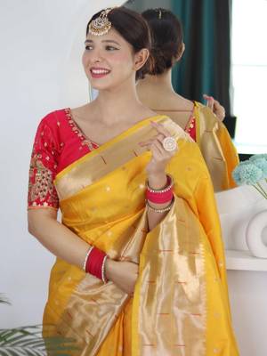 Yellow yellow paithani silk saree with unstitched blouse piece 3