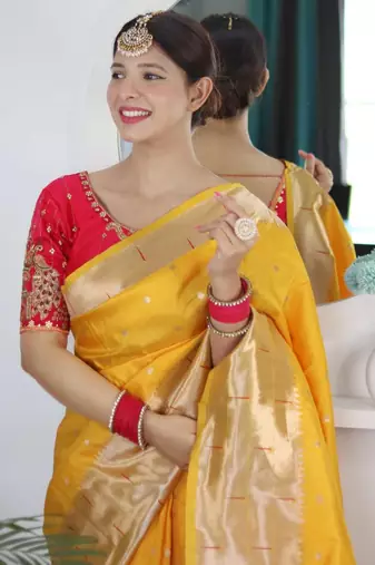 Yellow yellow paithani silk saree with unstitched blouse piece