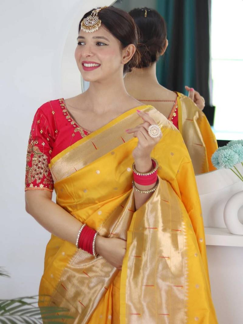 Yellow yellow paithani silk saree with unstitched blouse piece