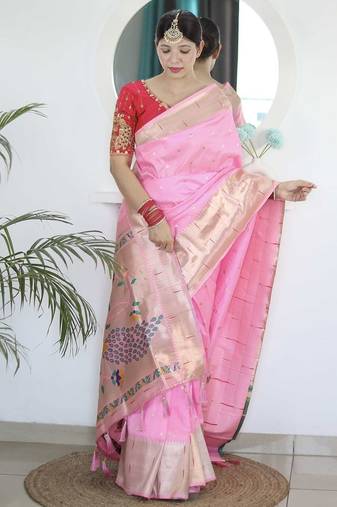 Pink woven design zari silk blend paithani saree