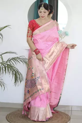 Pink woven design zari silk blend paithani saree