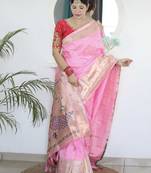 Pink woven design zari silk blend paithani saree