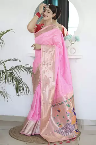 Pink woven design zari silk blend paithani saree