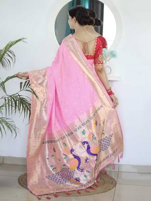 Pink woven design zari silk blend paithani saree 3