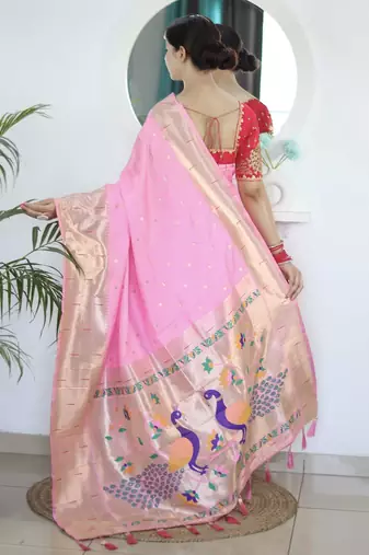 Pink woven design zari silk blend paithani saree