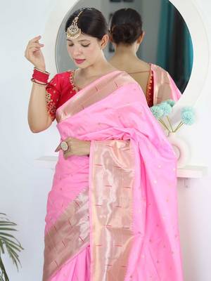 Pink woven design zari silk blend paithani saree 4