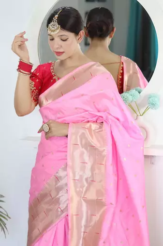 Pink woven design zari silk blend paithani saree