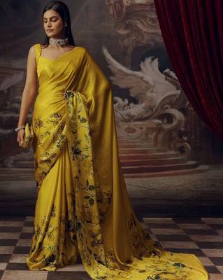 Yellow floral satin bagh saree 1