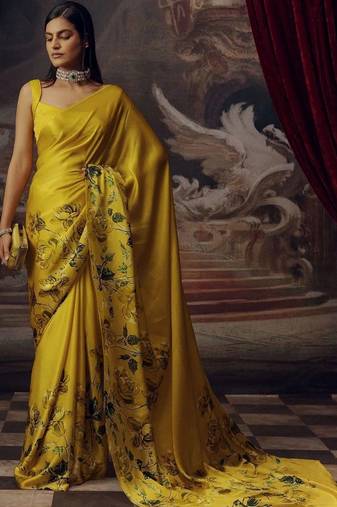 Yellow floral satin bagh saree