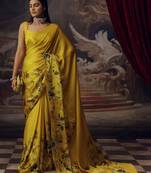 Yellow floral satin bagh saree