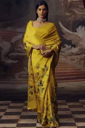 Yellow floral satin bagh saree