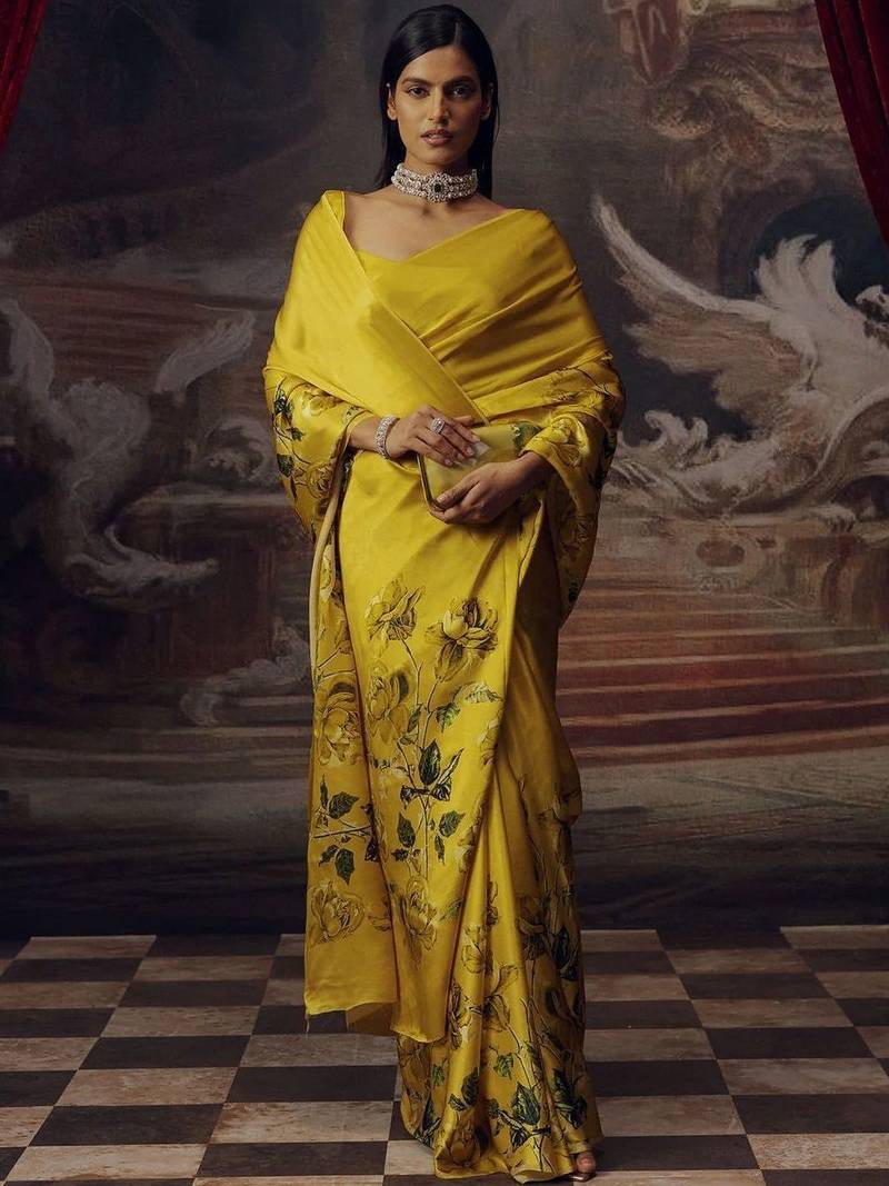 Yellow floral satin bagh saree