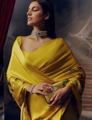 Yellow floral satin bagh saree 3