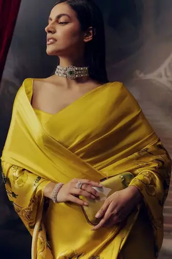 Yellow floral satin bagh saree