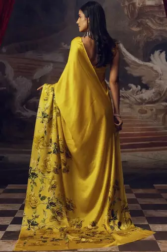 Yellow floral satin bagh saree