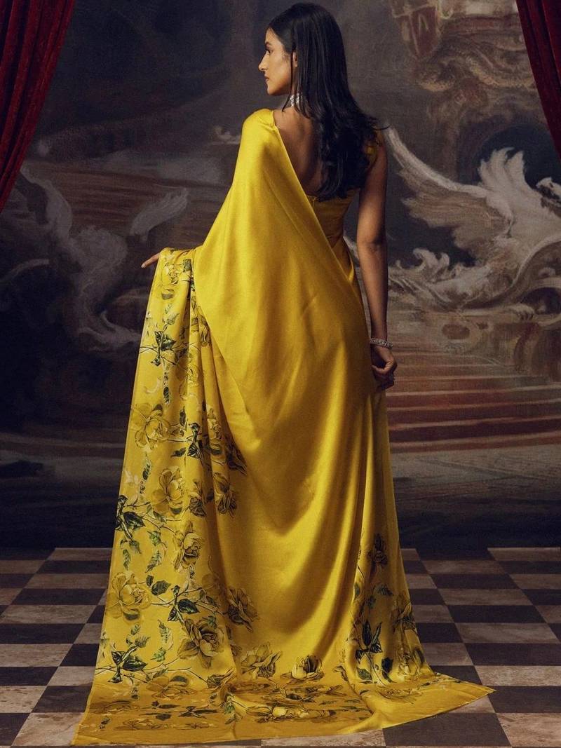 Yellow floral satin bagh saree