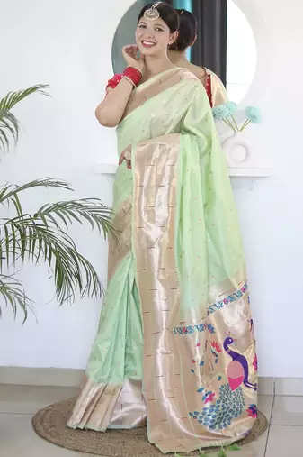 Green woven design zari paithani saree with unstitched blouse piece