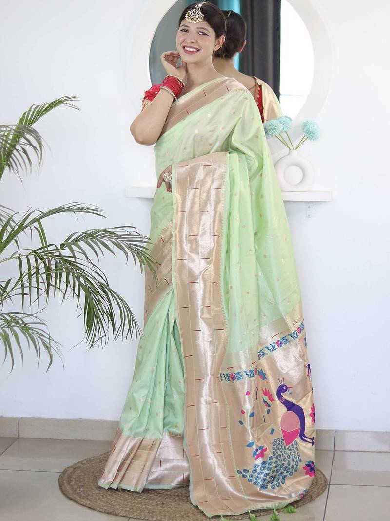 Green woven design zari paithani saree with unstitched blouse piece