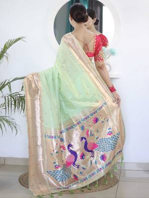 Green woven design zari paithani saree with unstitched blouse piece 3