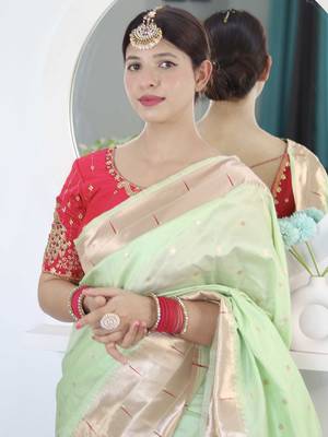 Green woven design zari paithani saree with unstitched blouse piece 4
