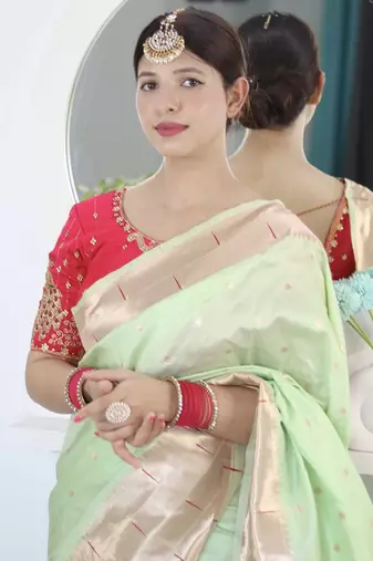 Green woven design zari paithani saree with unstitched blouse piece