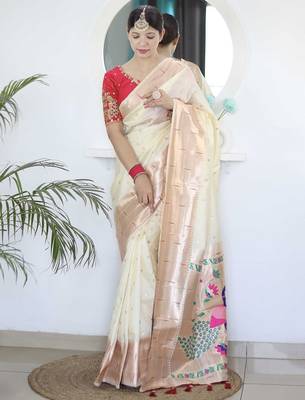 White woven design zari paithani saree 1