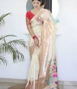 White woven design zari paithani saree