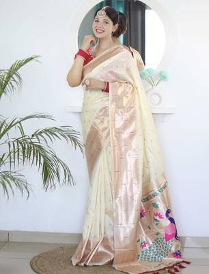 White woven design zari paithani saree 2