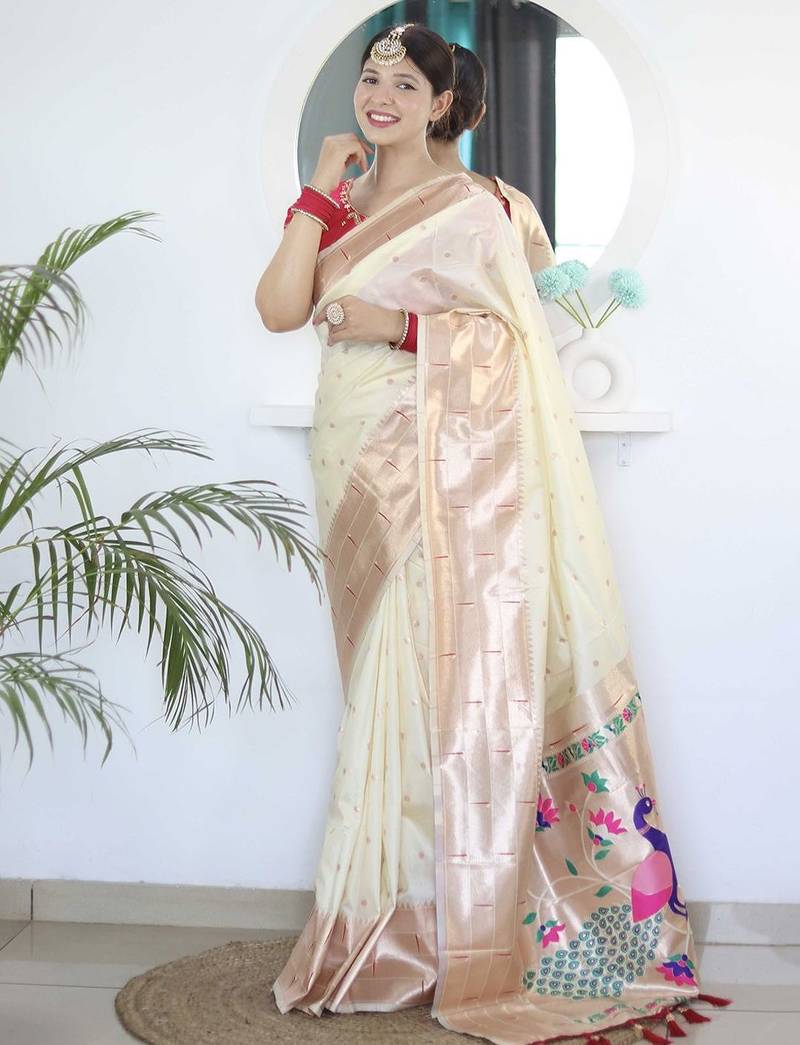 White woven design zari paithani saree