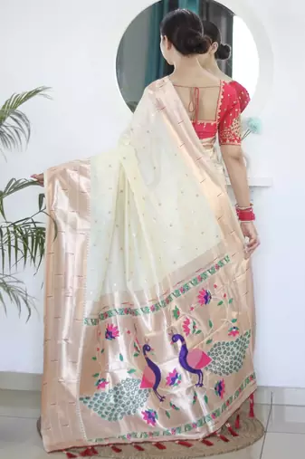 White woven design zari paithani saree