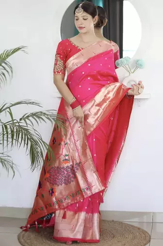 Pink ethnic motifs woven design paithani silk saree with unstitched blouse piece