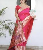 Pink ethnic motifs woven design paithani silk saree with unstitched blouse piece