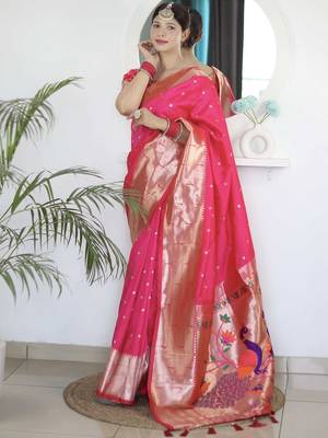 Pink ethnic motifs woven design paithani silk saree with unstitched blouse piece 2