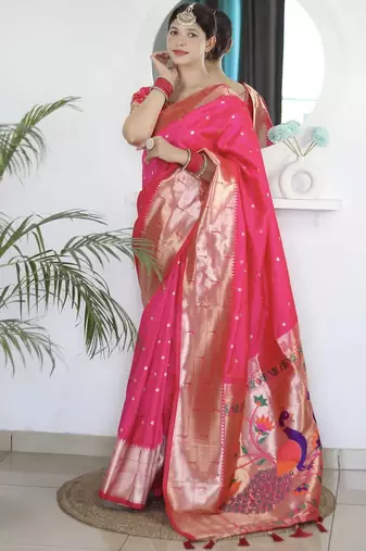 Pink ethnic motifs woven design paithani silk saree with unstitched blouse piece