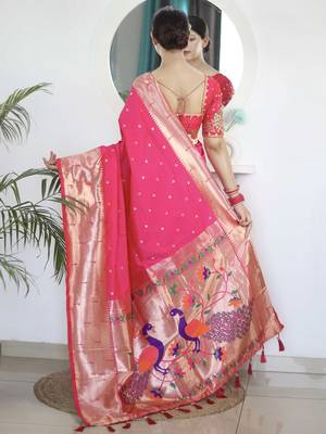 Pink ethnic motifs woven design paithani silk saree with unstitched blouse piece 3