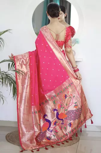 Pink ethnic motifs woven design paithani silk saree with unstitched blouse piece
