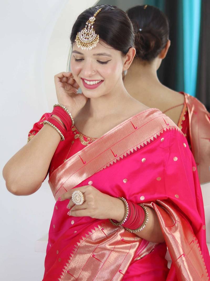 Pink ethnic motifs woven design paithani silk saree with unstitched blouse piece