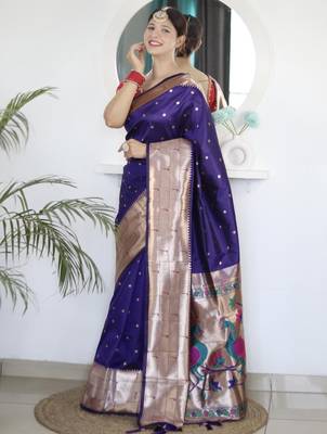 Purple paithani silk saree with unstitched blouse piece 1