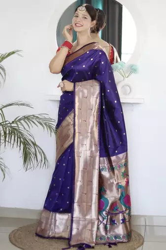 Purple paithani silk saree with unstitched blouse piece