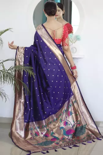 Purple paithani silk saree with unstitched blouse piece