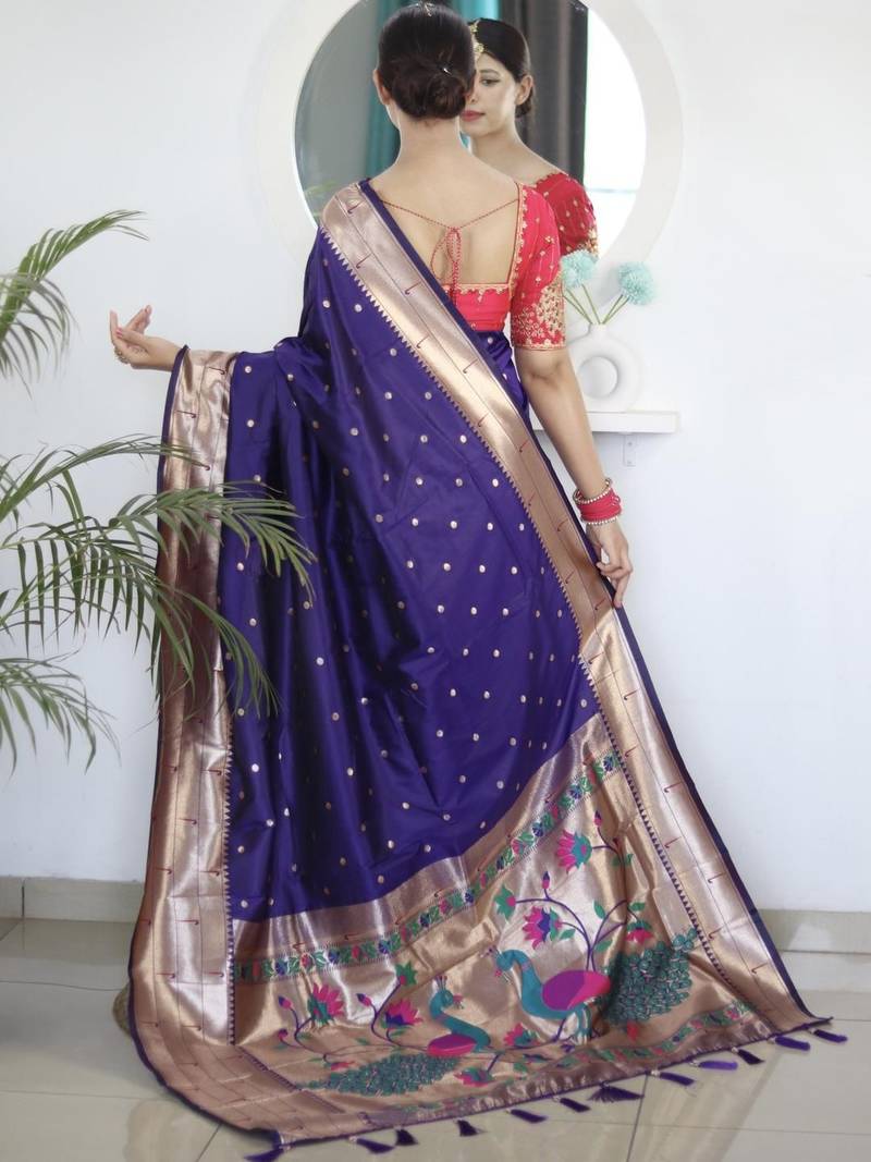 Purple paithani silk saree with unstitched blouse piece