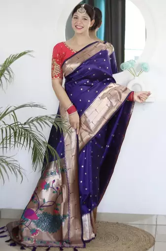 Purple paithani silk saree with unstitched blouse piece
