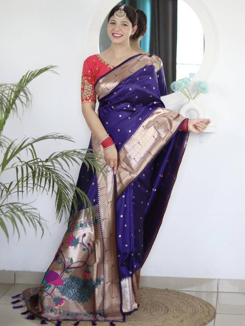 Purple paithani silk saree with unstitched blouse piece