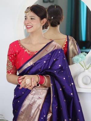 Purple paithani silk saree with unstitched blouse piece 4