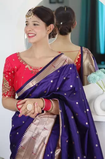 Purple paithani silk saree with unstitched blouse piece