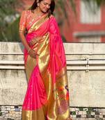 Peach woven design zari paithani saree