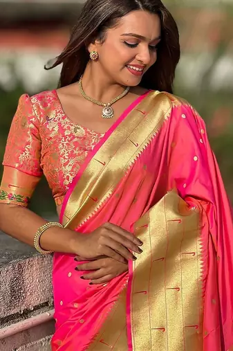 Peach woven design zari paithani saree