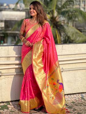 Peach woven design zari paithani saree 3
