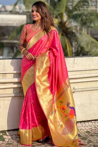 Peach woven design zari paithani saree
