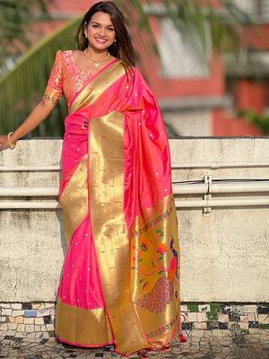Peach woven design zari paithani saree 4
